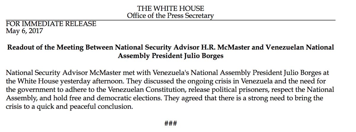 National Security Advisor McMaster met with Venezuela National Assembly President Julio Borges at the @WhiteHouse on Friday afternoon.  