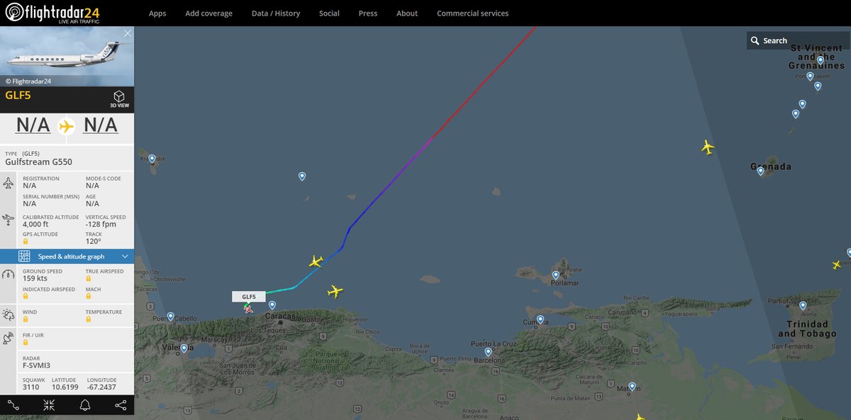 A Gulfstream V from Moscow is about to land in the Maiquetia international airport in Venezuela  