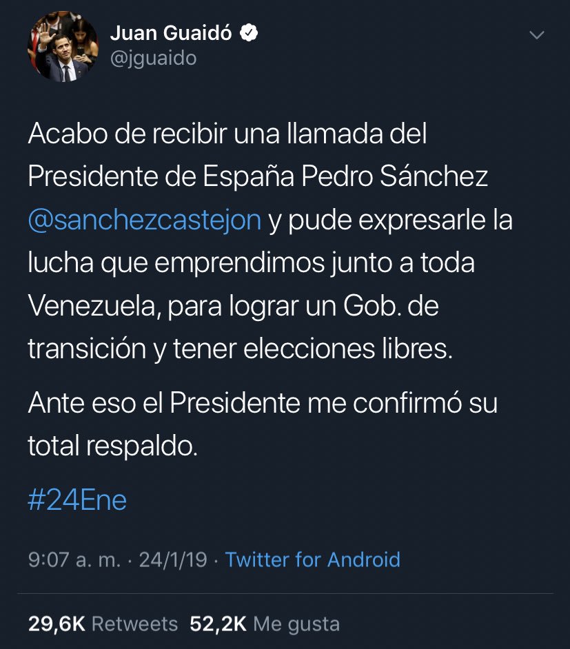 Acting president of Venezuela, Juan Guaidó, (@jguaido), reported that he had a telephone conversation with the PM of Spain, Pedro Sánchez, who expressed his full support.
