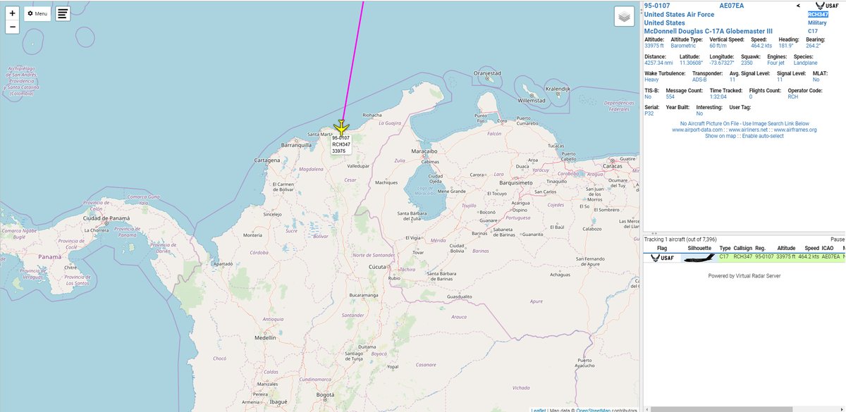 USAF C17 Globemaster III 95-0107 RCH347 tracking over Colombia   