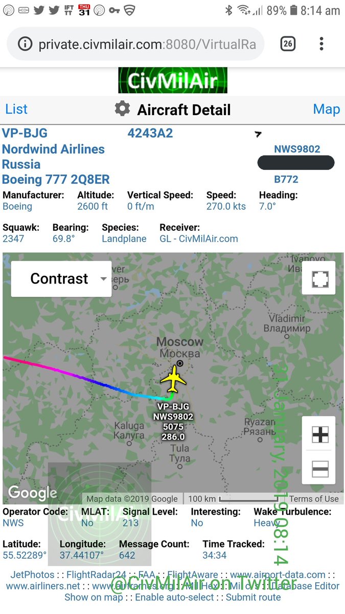 11 hours since leaving Venezuela - inbound Moscow  Russia Nordwind 777 VP-BJG   