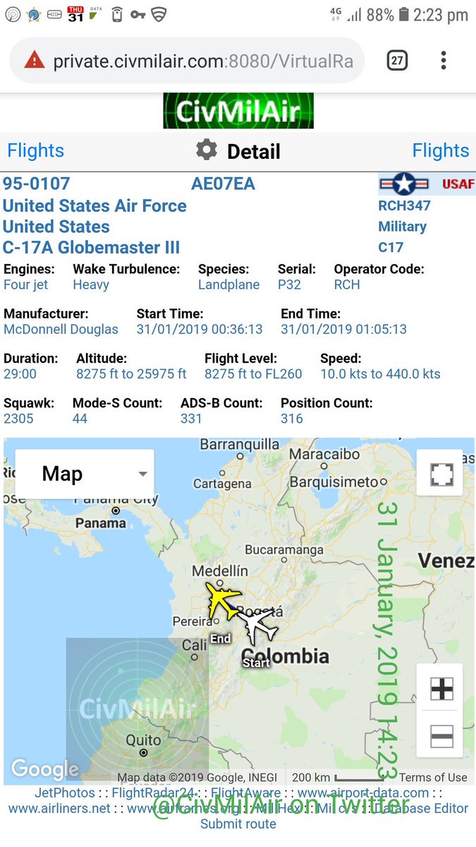 Confirmed about an hour ago The USAF C17 Globemaster that left Bogota, Colombia landed shortly after at Panama City around 0200 UTC 
