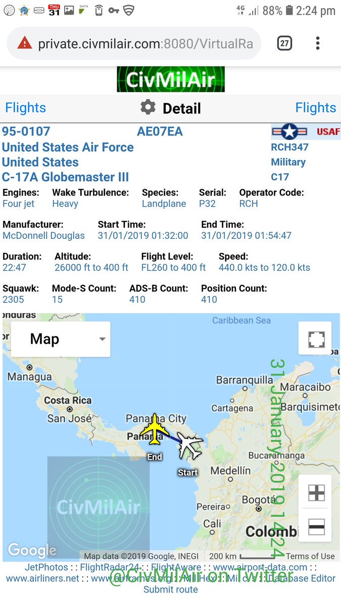 Confirmed about an hour ago The USAF C17 Globemaster that left Bogota, Colombia landed shortly after at Panama City around 0200 UTC 