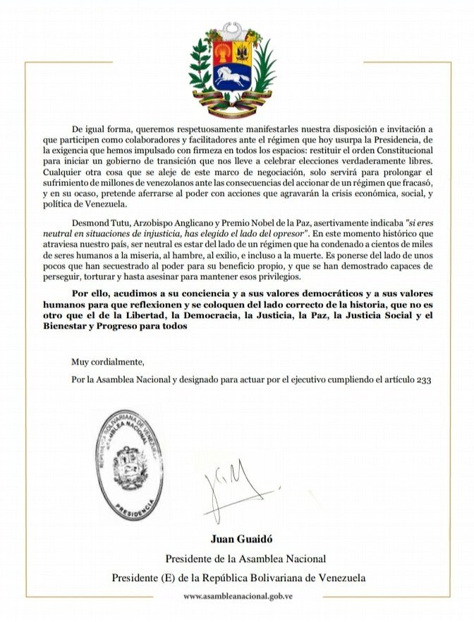 .@jguaido: We ratify to the governments of Mexico and Uruguay our position of restoring the constitutional order in Venezuela. We have a clear path: Cessation of the usurpation, transitional government and free elections