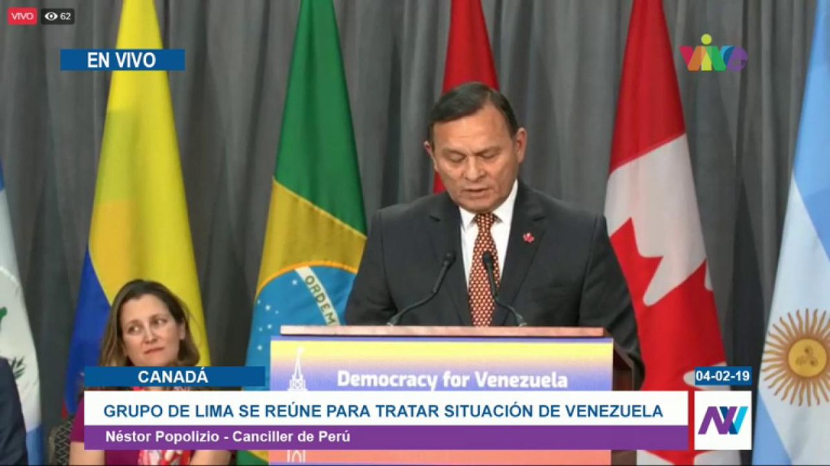 .@NestorPopolizio, Foreign Minister of Peru: the Venezuelan people despite acts of repression and violence has launched courageous protest at streets in support of President Guaidó