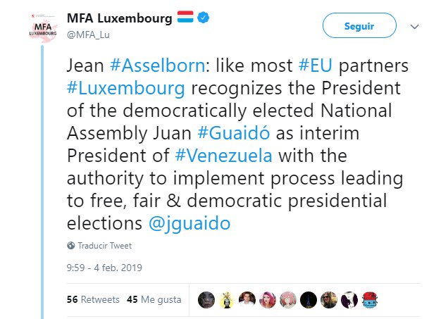 Luxemburgo reconoce a Juan Guaidó como Presidente de Venezuela.   