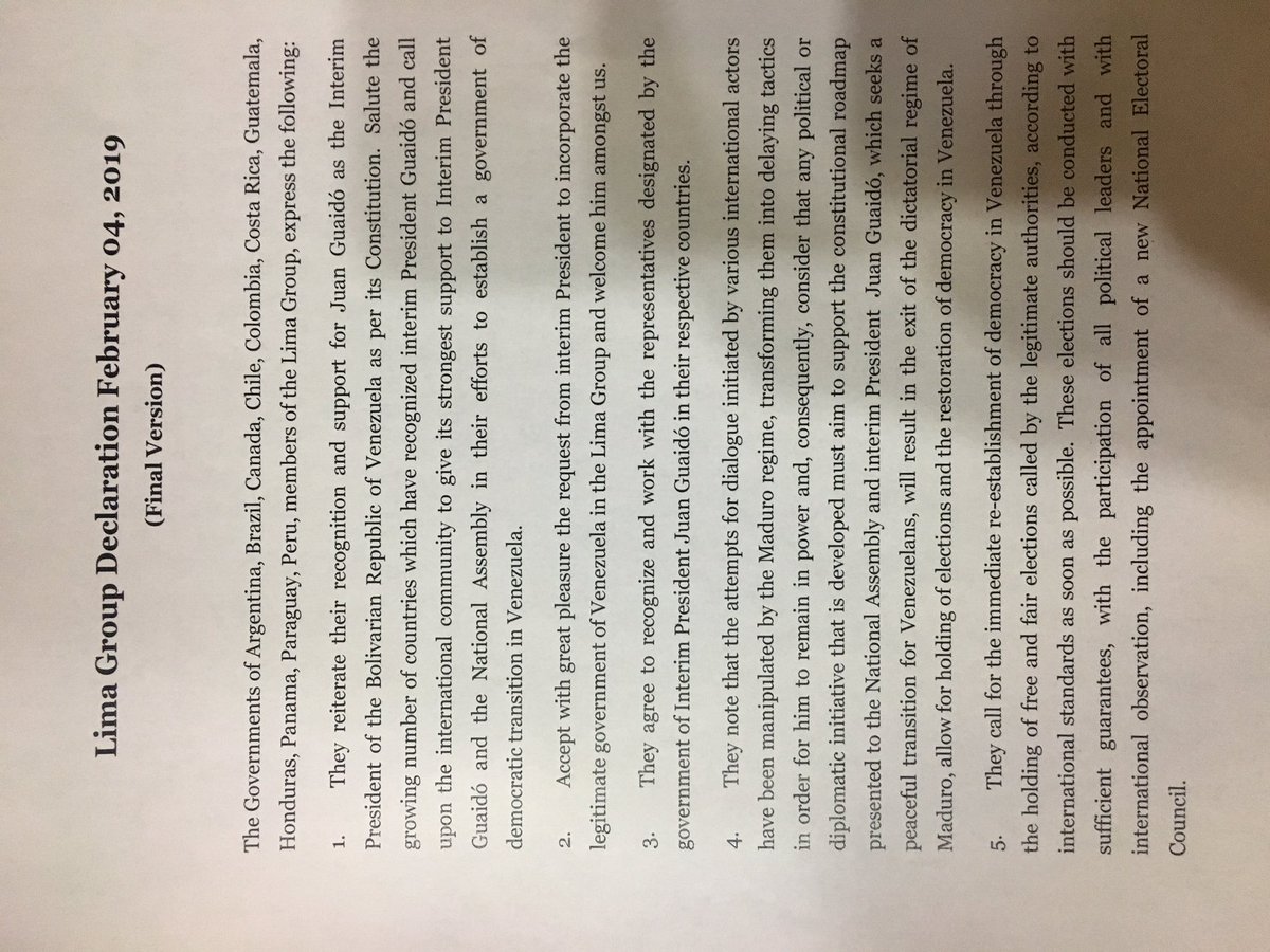 Lima Group Declaration on Venezuela just released in Ottawa.   