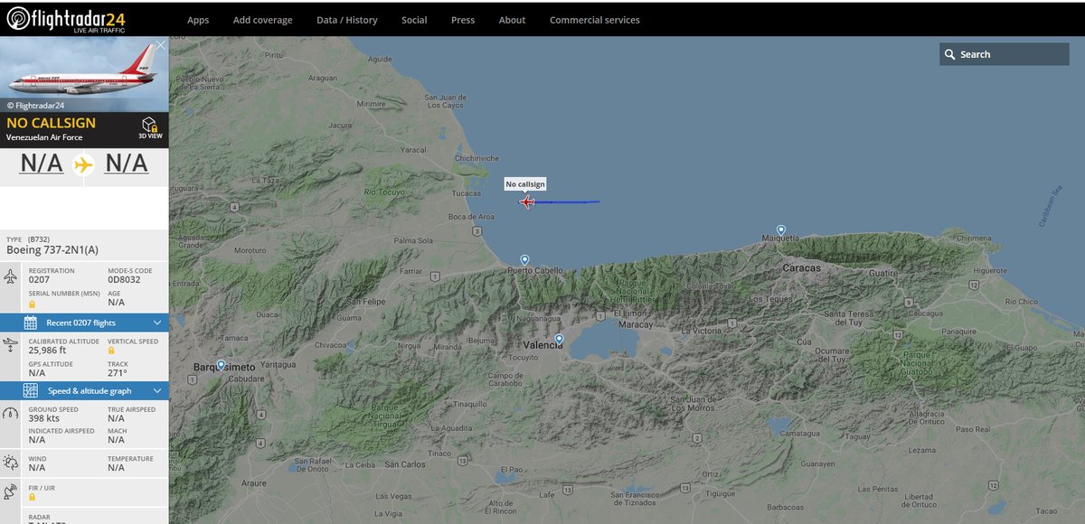 Venezuelan Air Force Boeing 737-2N1 0207 heading West from Caracas Venezuela   