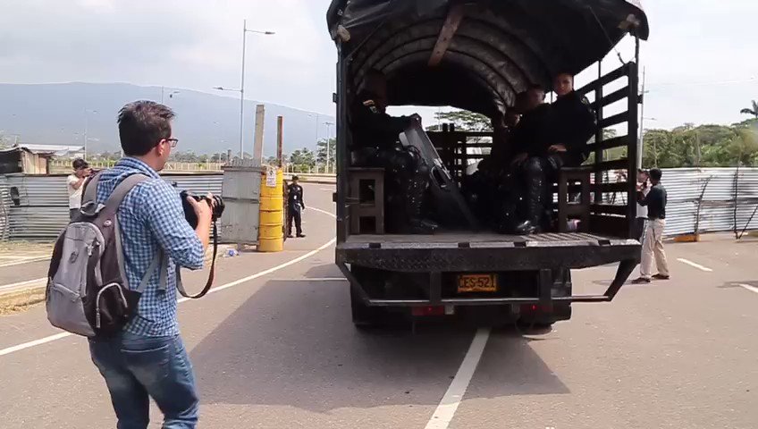 Colombia's anti-riot team arrives at the Tienditas bridge, at border with  Táchira, Venezuela, where humanitarian aid is expected