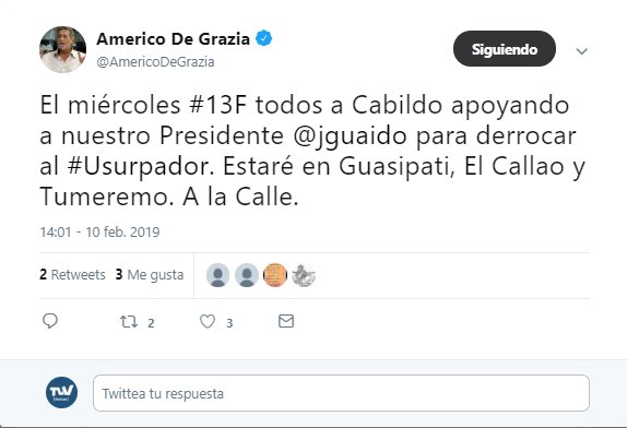 El diputado @AmericoDeGrazia informó que el miércoles 13F realizarán un Cabildo para apoyar a @jguaido y derrocar al usurpador. La actividad se realizará en Guasipati, El Callao y Tumeremo.     
