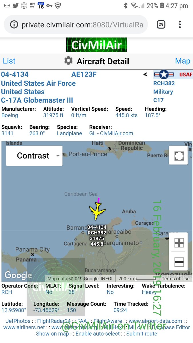 US Air Force C17 Globemaster 04-4134 RCH382   32,000ft heading for Colombia - US Aid for Venezuela inbound  