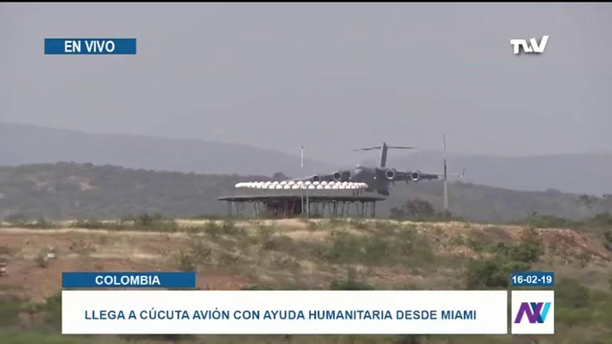 The military plane coming from the United States arrives with a shipment of humanitarian aid for Venezuela to the International Airport Camilo Daza in Colombia.