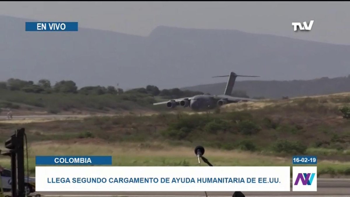 The second plane with cargo of humanitarian aid to Venezuela from the US arrives at the Camilo Daza International Airport in Colombia. It is the second of three planes that will enter with this international aid.