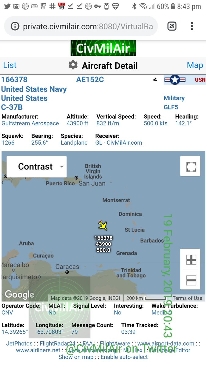 US Navy C-37B 166378   44,000ft over the Caribbean Sea