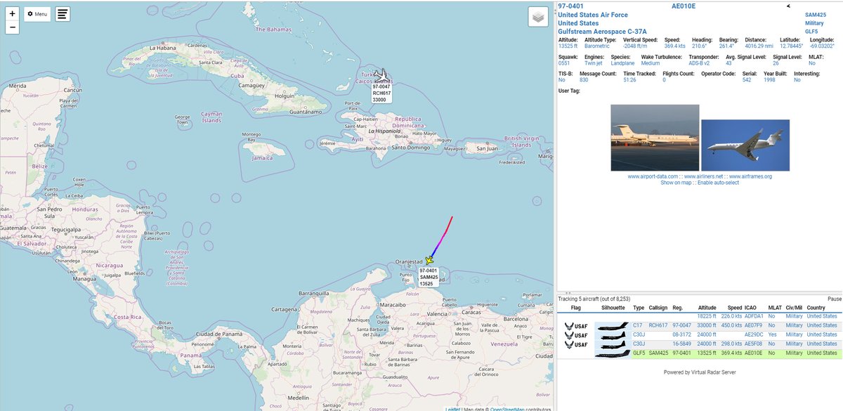 USAF C17 Globemaster III RCH617 following the same route to Curacao