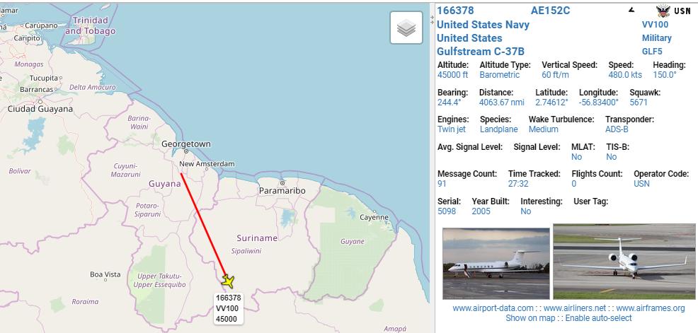 USNavy C37B VV100 166378 crossing south over Suriname 2223z