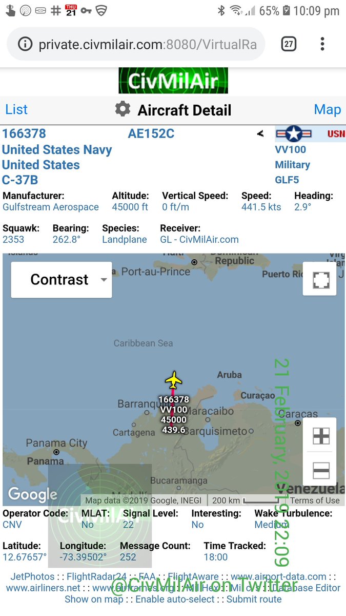 US Navy C-37B 166378 VV100   45,000ft heading north over the Caribbean Sea