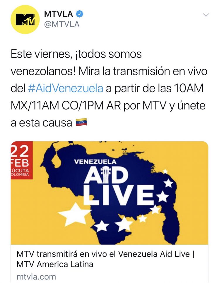 MTV will join the fight for Venezuela and broadcast live on Friday Venezuela Aid Live from the city of Cúcuta, Colombia