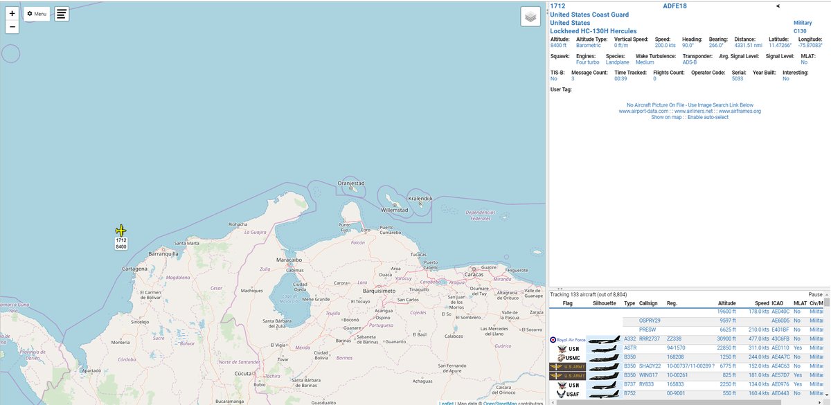 US Coast Guard HC-130H 1712 heading East off the coast of Colombia