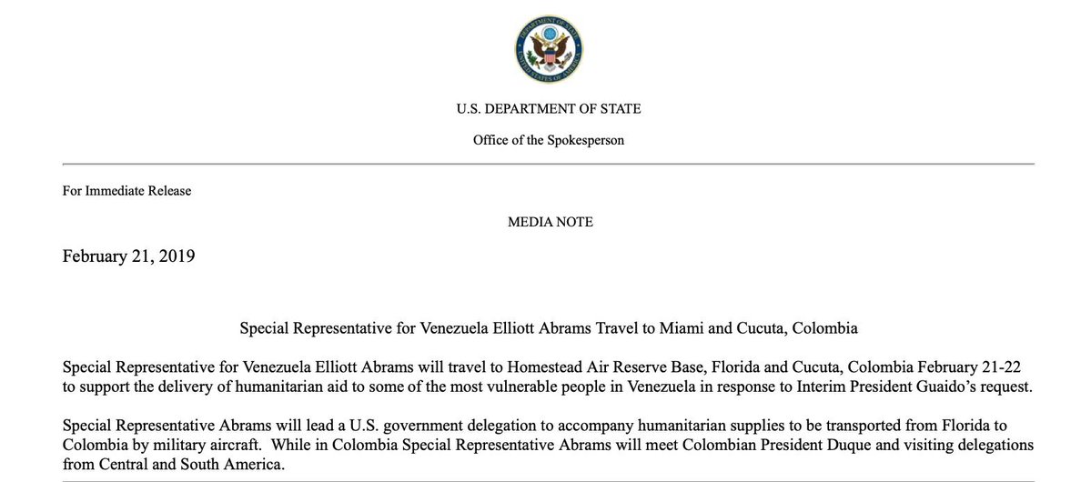 The US Special Representative for Venezuela will lead a US government delegation to accompany humanitarian supplies to be transported from Florida to Colombia by military aircraft, according to @StateDept.   