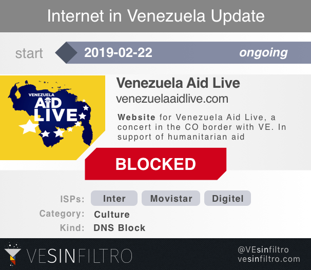 Every mayor Venezuela ISP is blocking #VenezuelaAidLive at this moment. State-owned CANTV, as well as @MovistarVe Digitel and @InterCliente. All blocking the official streaming  and all but CANTV the site    