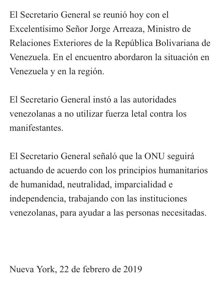 En su reunión con el canciller de Venezuela, @antonioguterres instó a las autoridades venezolanas a no utilizar fuerza letal contra los manifestantes.   