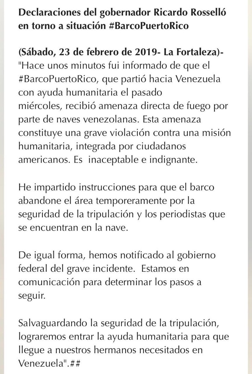 Juan Guaidó: Boat with Humanitarian Aid, from Puerto Rico, receives fire threat from a Navy frigate. This boat brings more than 200 tons of Humanitarian Aid, its crew is civilian and its only purpose is to reach Venezuela to save lives
