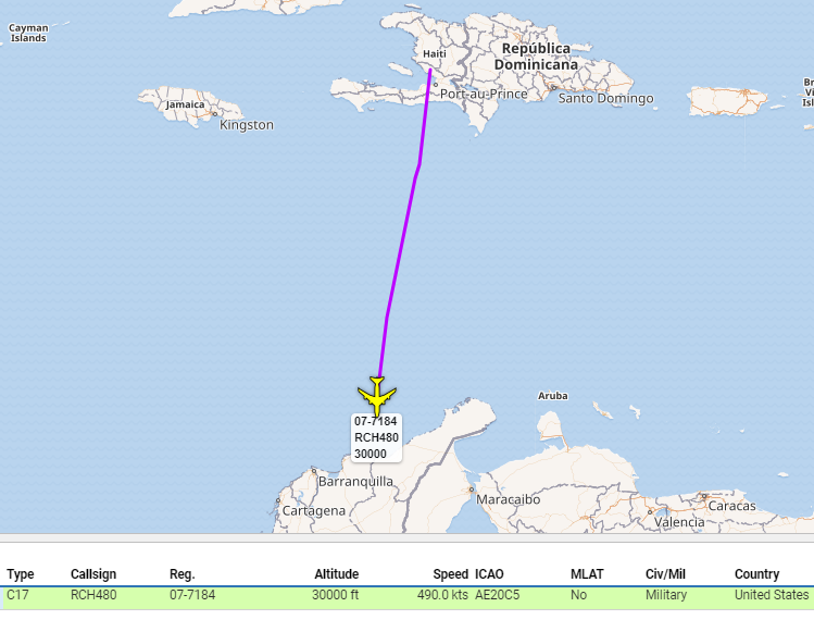 RCH480 077184 USAF C17A track from Haiti into Colombia