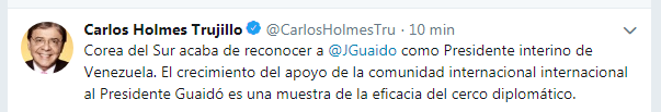 Colombian Foreign Minister @CarlosHolmesTru says that South Korea recognized @jguaido as interim president of Venezuela.