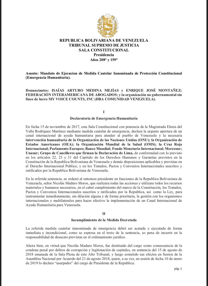 Venezuelan Supreme Court(in exile) calls for the formation of the International Military Coalition for the Peace Mission to create Humanitarian Channel into Venezuela