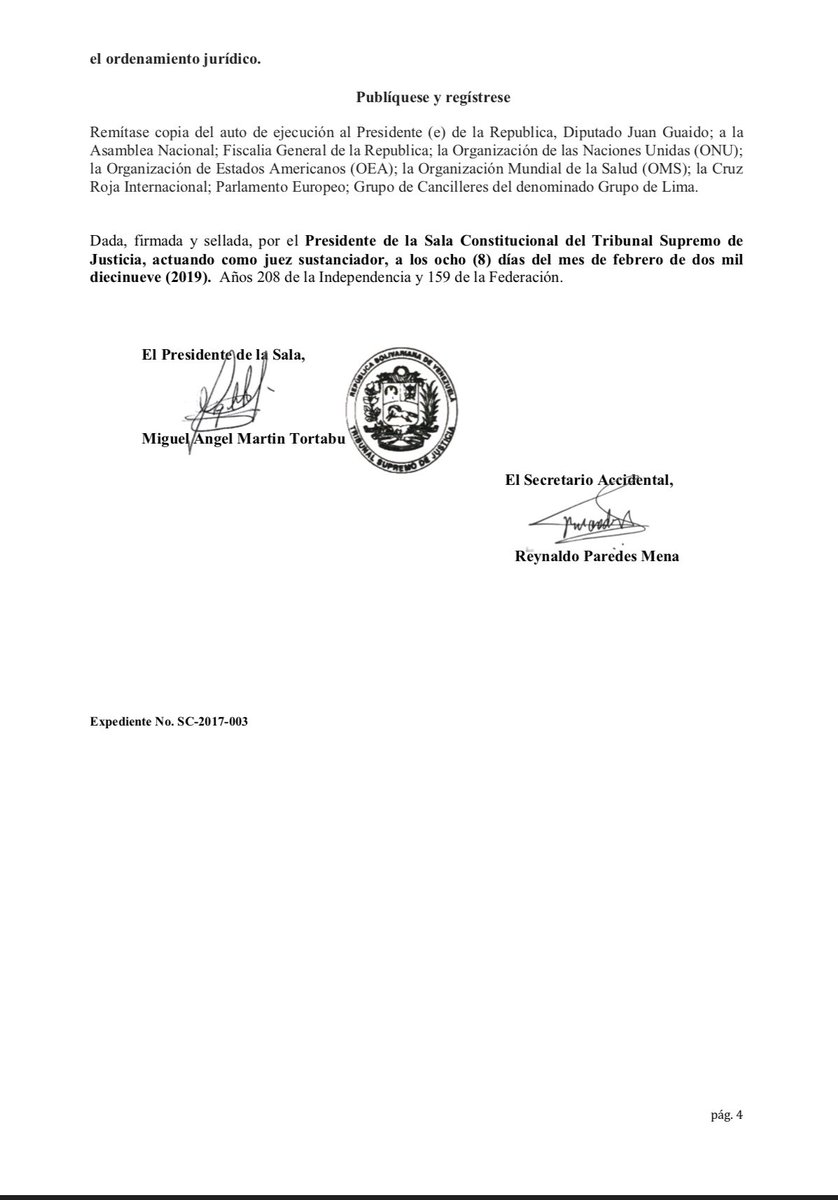 Venezuelan Supreme Court(in exile) calls for the formation of the International Military Coalition for the Peace Mission to create Humanitarian Channel into Venezuela