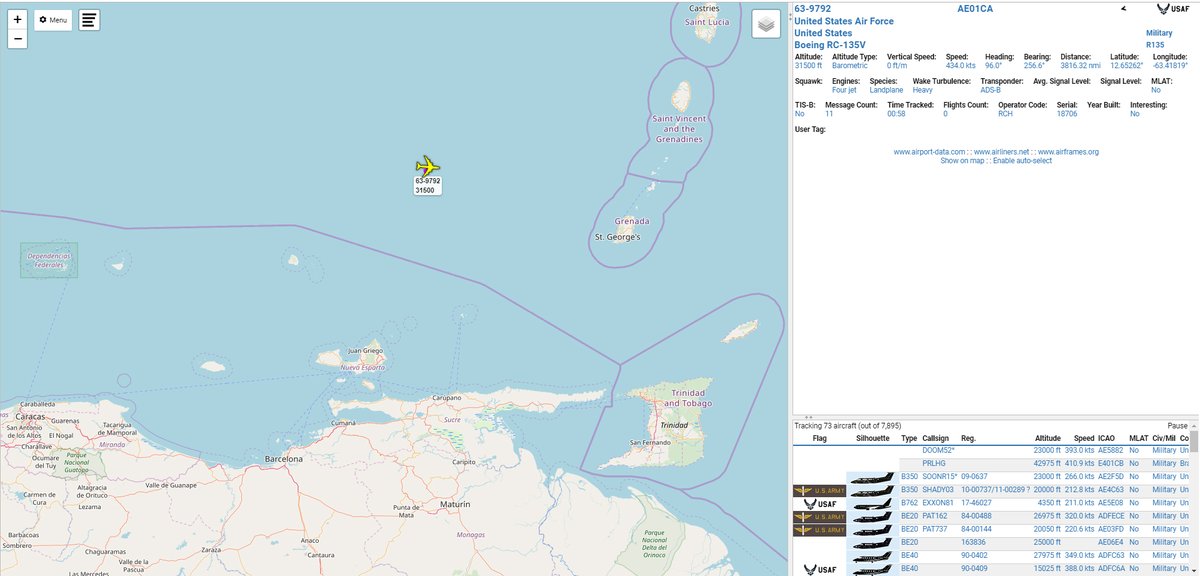 USAF RC-135V Rivet joint 63-9792 tracking off the coast of Venezuela