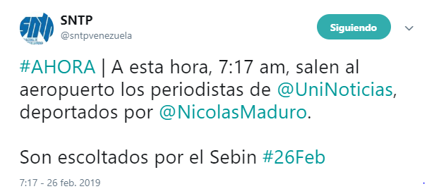 Journalists from @UniNoticias were deported on @NicolasMaduro order by SEBIN