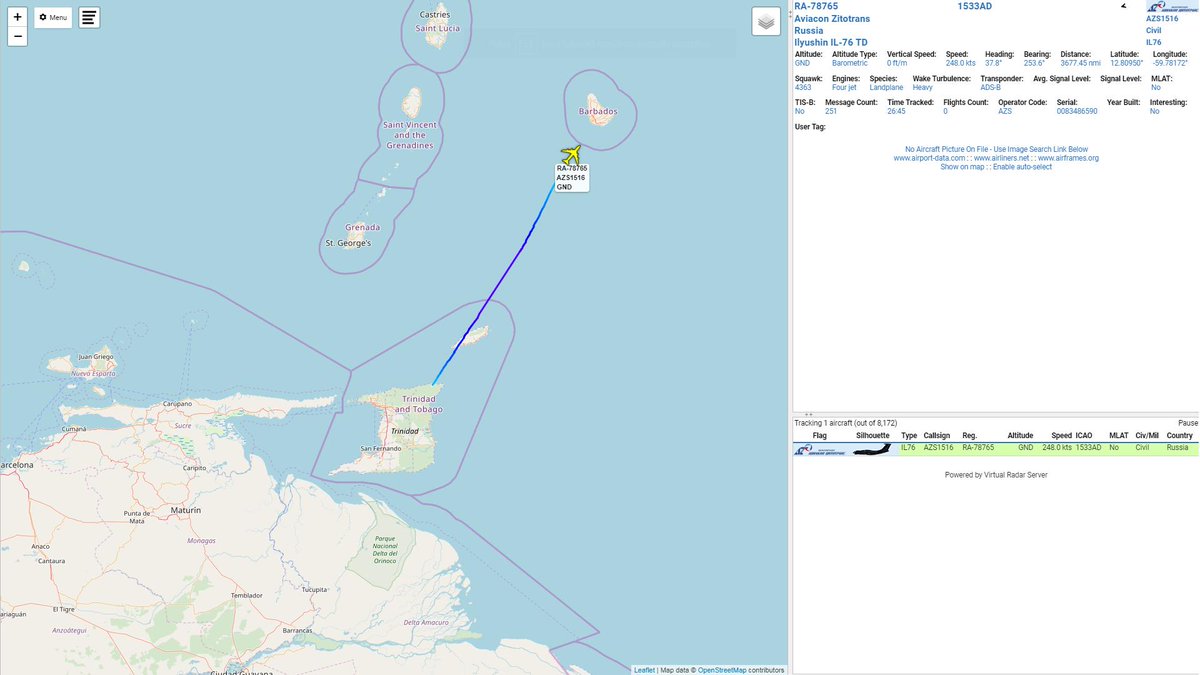 Russian cargo Aviacon Zitotrans IL-76 TD AZS1516 departed Trinidad and Tobago   descending for Barbados