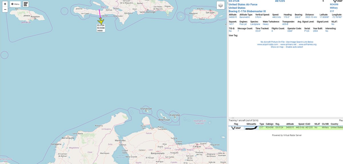 USAF C17 Globemaster III heading South over the Caribbean Sea