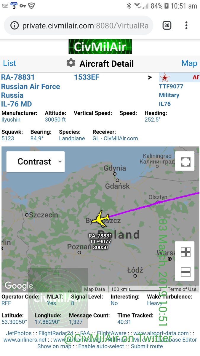 Russia Russian Air Force IL76 heavy lifter RA78831 - 30,000ft heading over Poland