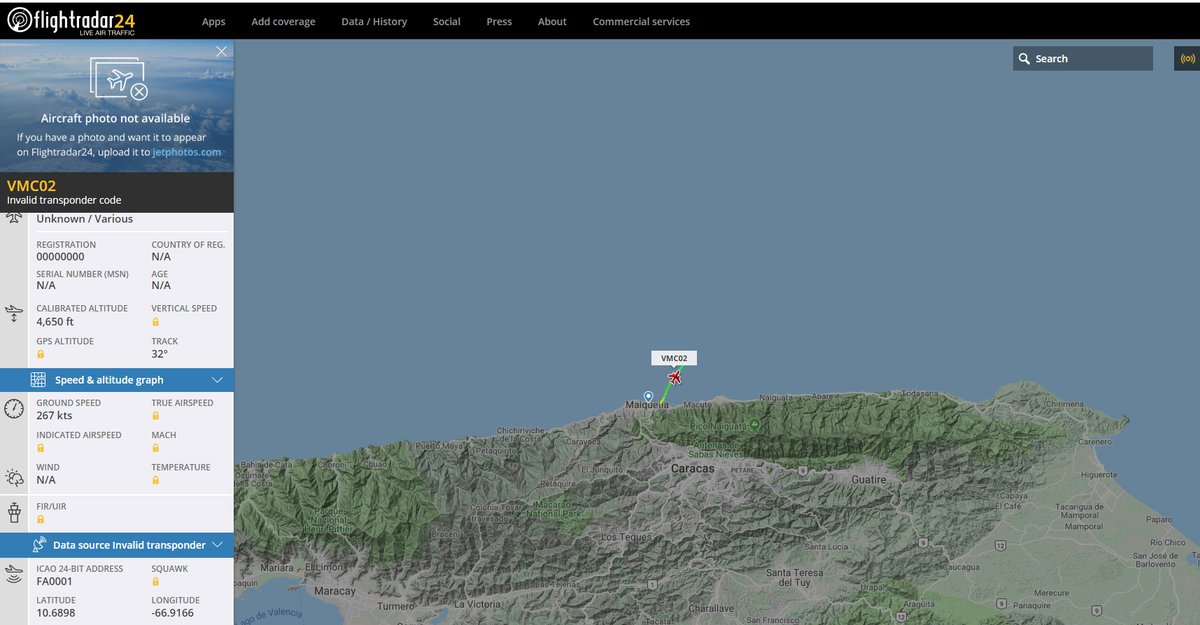 Maduro´s plane  Venezuela Air Force A319CJ C/S VMC02 C/S heading North from Caracas again
