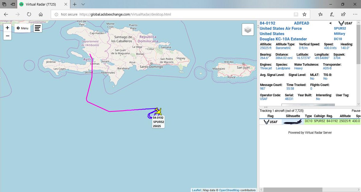 USAF Douglas KC-10A Extender tanker on holding pattern from Haiti South to Dominican republic