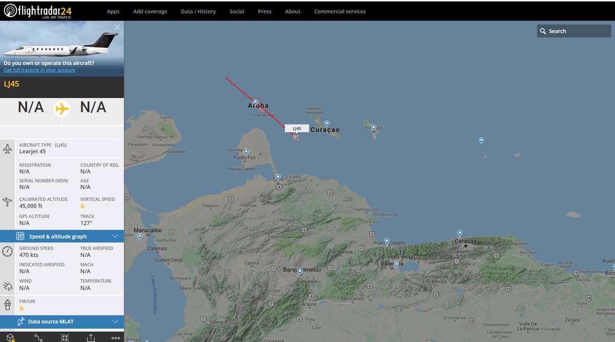 Learjet 45 lj45 from/to unknown destination on the way to Caracas