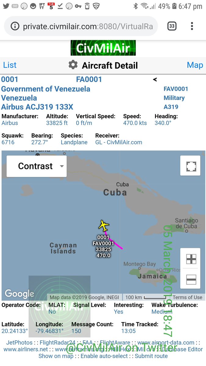 Venezuela: Maduro's plane Venezuelan Air Force A319 0001 FAV0001 heading towards Cuba