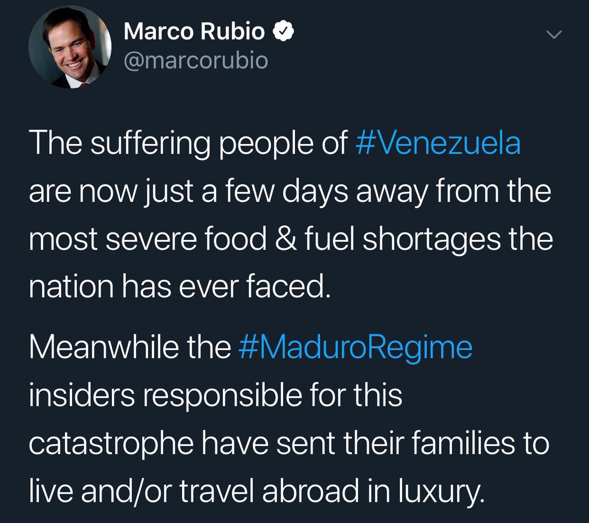 US Senator Marco Rubio says that in just days Venezuelans will face the worst fuel and food shortage the country has suffered, and that while this happens, the Maduro government sends their families away to live in luxury.