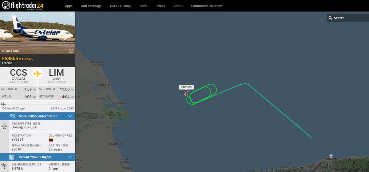 YV625T on a holding pattern northwest of the Simon Bolivar International Airport in Maiquetia as Venezuela continues to experience a nationwide blackout, which is   approaching its 9th hour