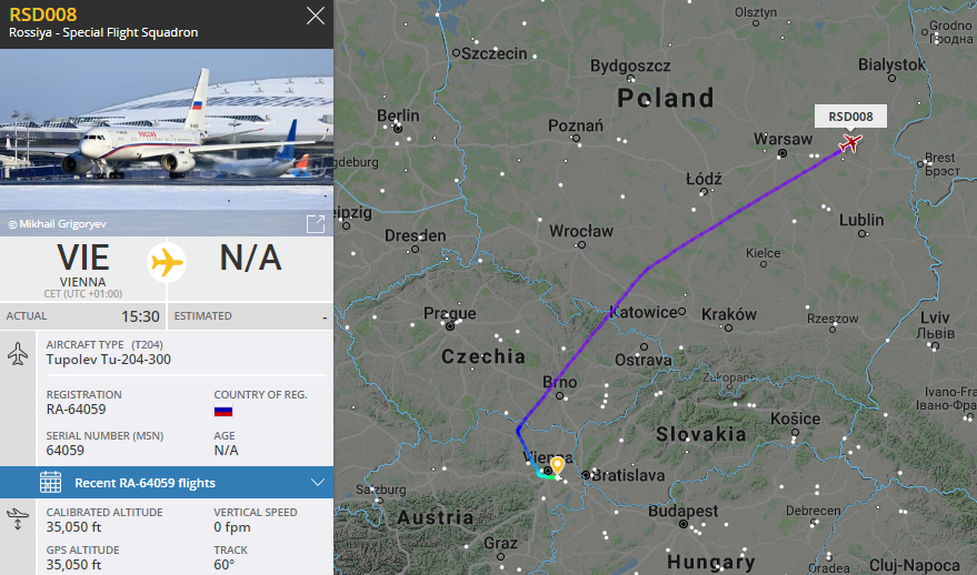 RussianAF RSD008 RA64059 Tu204-300 departed Vienna> heading back to Russia. Foreign Minister Lavrov has been meeting the Venezuela Foreign Minister