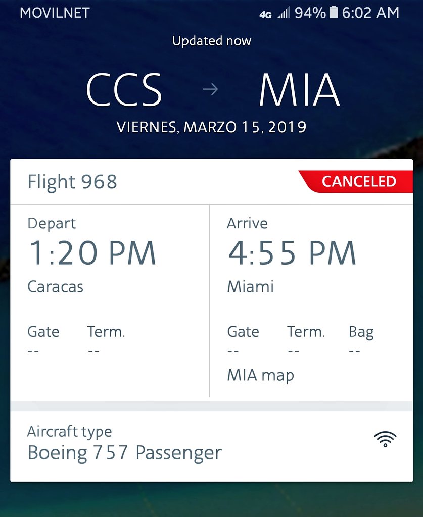 American Airlines @americanair cancels its flights 1483 1484 967 968 to Caracas