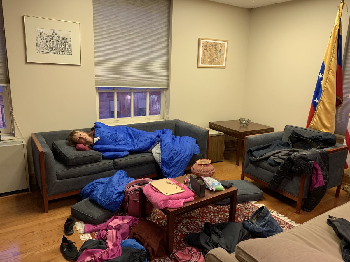 CodePink group: Slept overnight at DC Venezuela embassy when we heard opposition might try to take it over, as they took over the NY consulate and the DC military attache office.