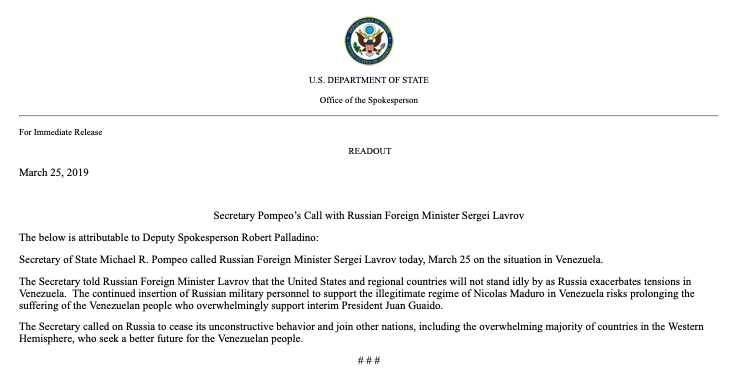 US and regional countries will not stand idly by as Russia exacerbates tensions in Venezuela, @SecPompeo has told his Russian counterpart, according to @StateDept.   