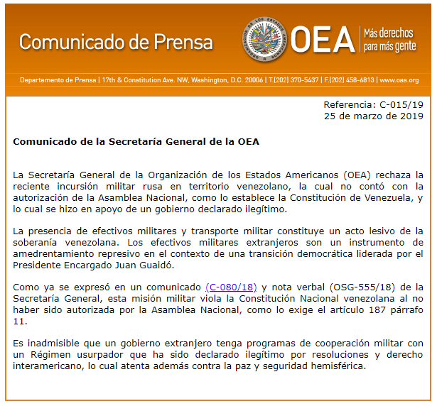 General Secretariat of the OAS rejects the recent Russian military incursion into the territory of Venezuela.