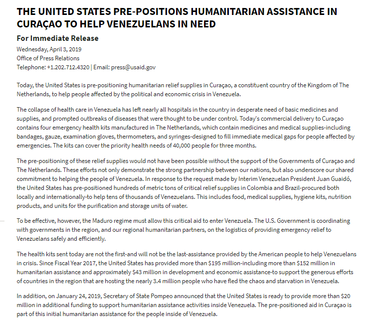 Today @USAID is pre-positioning humanitarian relief supplies in Curaçao to help those impacted by the political and economic crisis in Venezuela. Today's delivery contains emergency health kits.