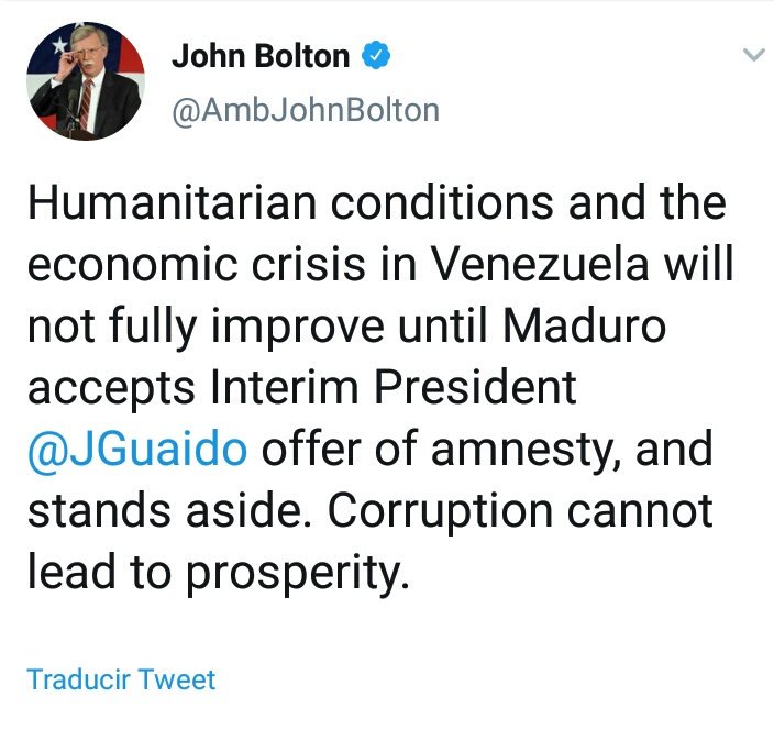 The White House security adviser @AmbJohnBolton sent a new message to the Maduro urging to leave Venezuela