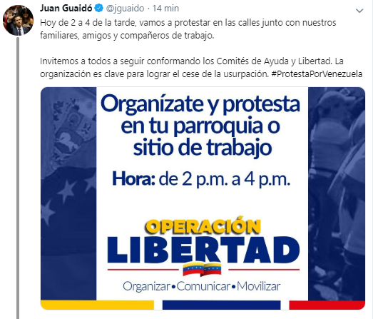 .@jguaido: Today from 2 to 4 pm, we will protest in the streets along with our relatives, friends and co-workers. We invite everyone to continue shaping the Help and Freedom Committees. The organization is key to achieve the cessation of the usurpation.